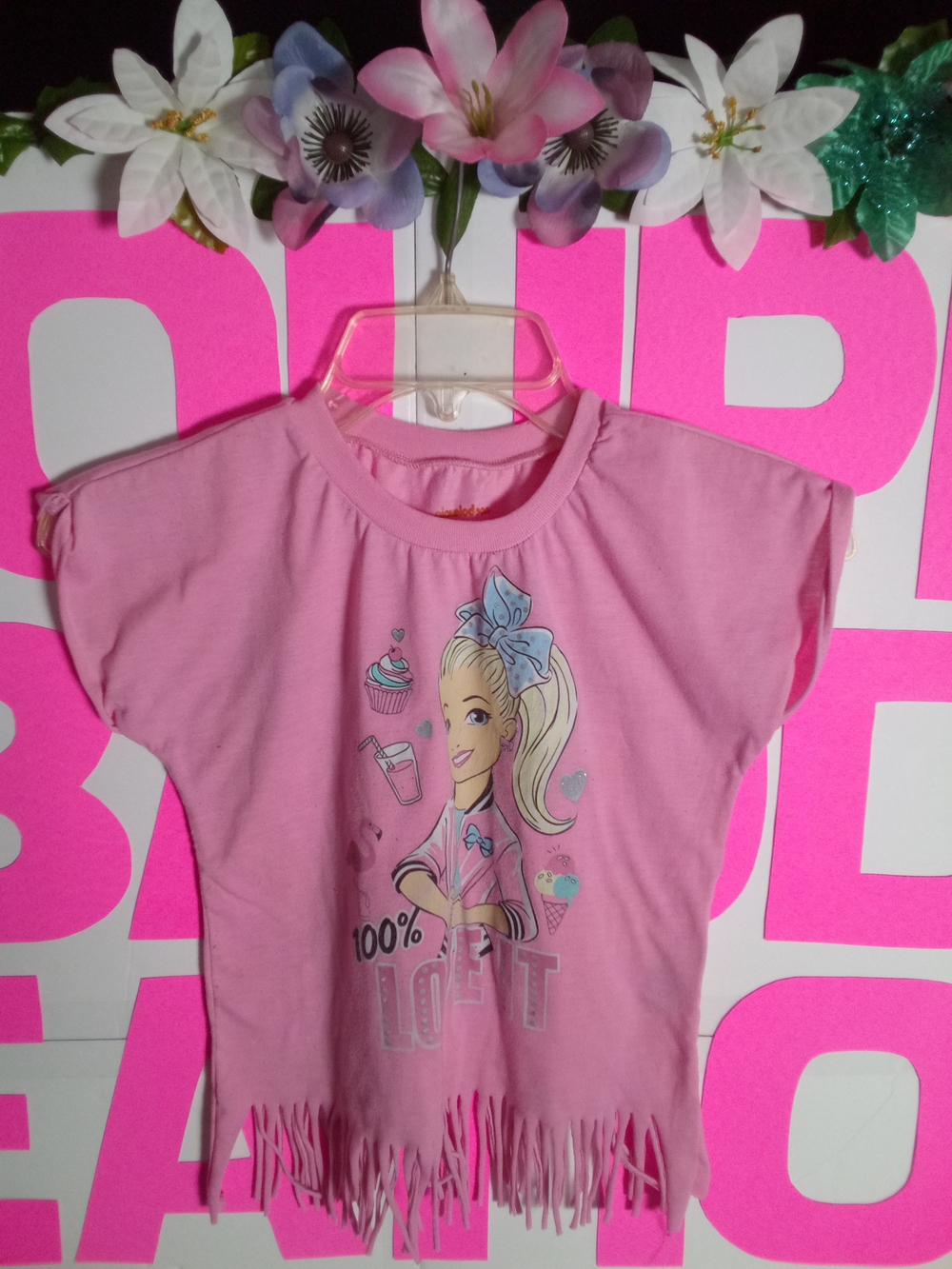 Nickelodeon ("JOJO S.") Pink Graphic Fringe Short Sleeve Tee with Girl Print